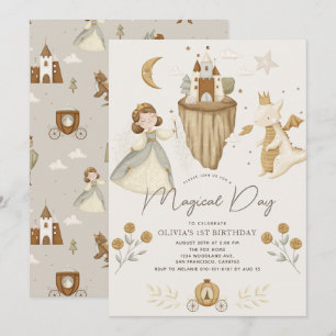 Princess & Dragon Boho Fairytale Girl 1st Birthday Invitation
