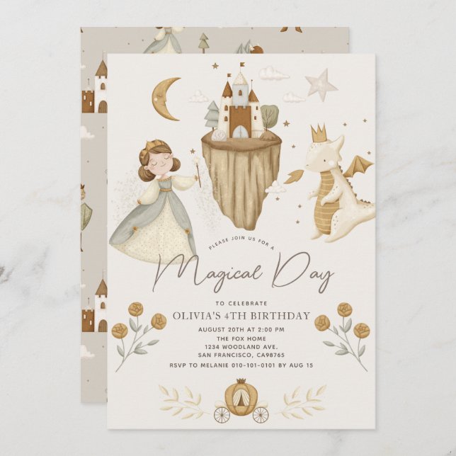 Princess & Dragon Boho Fairytale Girl Birthday Invitation (Front/Back)