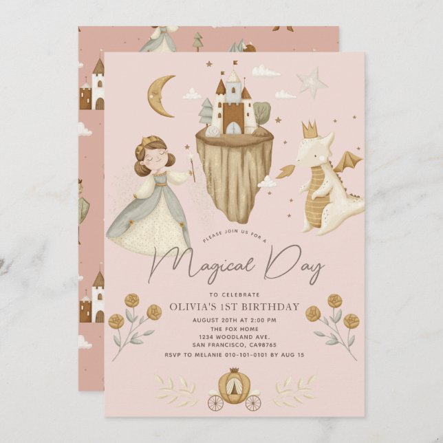 Princess & Dragon Boho Fairytale Pink 1st Birthday Invitation (Front/Back)