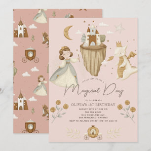 Princess & Dragon Boho Fairytale Pink 1st Birthday Invitation