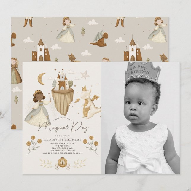 Princess Dragon Fairytale Dark Skin 1st Birthday Invitation (Front/Back)