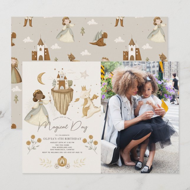Princess Dragon Fairytale Dark Skin Birthday Photo Invitation (Front/Back)