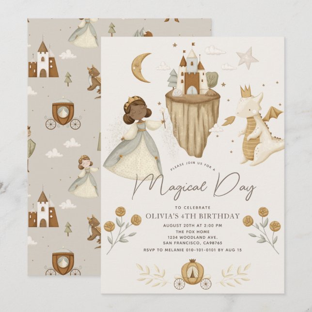 Princess Dragon Fairytale Dark Skin Girl Birthday Invitation (Front/Back)