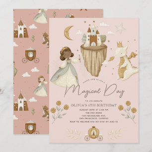 Princess Dragon Fairytale Dark Skin Pink Birthday Invitation
