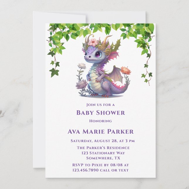 Princess Dragon Florals Girl Baby Shower Invitation (Front)