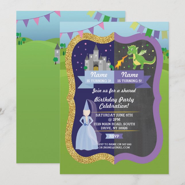 Princess & Dragon Shared Boy Girl Birthday Invites (Front/Back)