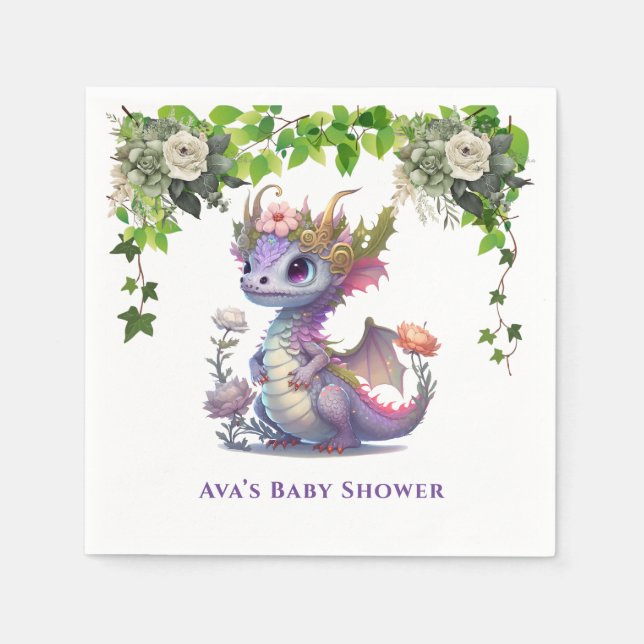 Princess Dragon with Florals Girl Baby Shower Napkin (Front)
