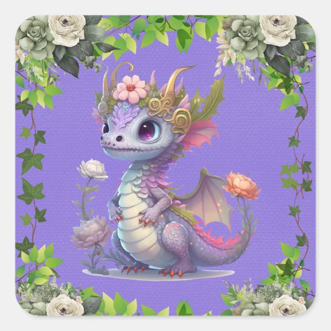 Princess Dragon with Florals Girl Baby Shower Square Sticker (Front)