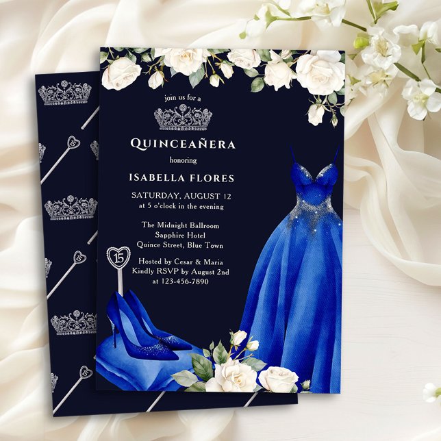 Princess Dress and Roses Blue Quinceanera Invitation (Quinceanera Invitation from the Princess Dress and Roses Quinceanera collection by Darling & May)