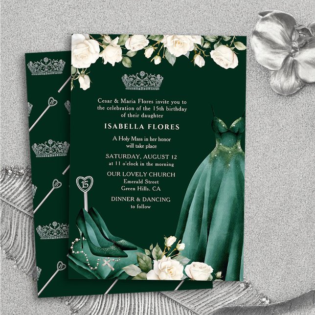 Princess Dress and Roses Green Quinceanera Mass Invitation (Quinceanera Mass Invitation from Princess Dress and Roses Quinceanera Collection by Darling & May)