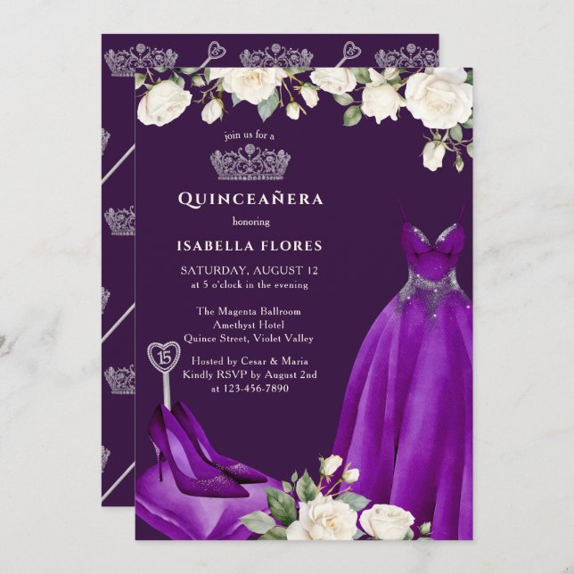 Princess Dress and Roses Purple Quinceanera Invitation (Front/Back)