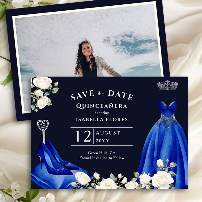 Princess Dress and White Roses Royal Blue Photo Save The Date (Photo Save the Date from the Princess Dress and Roses Quinceanera collection by Darling & May)