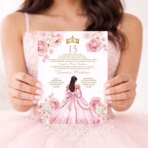 Princess Dress Gold Crown Floral XV Birthday Invitation