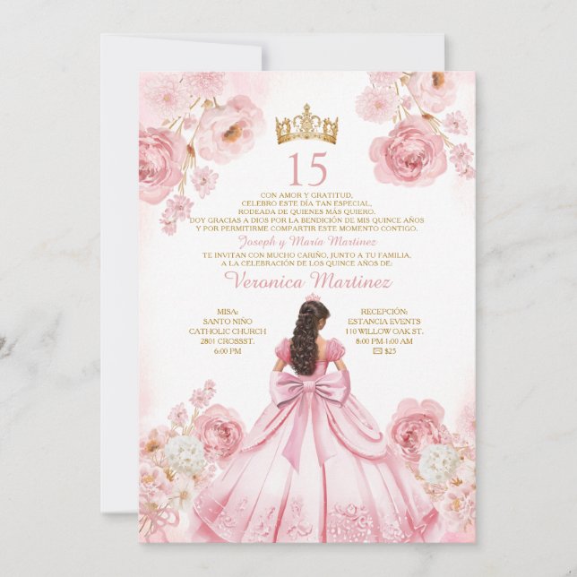 Princess Dress Gold Crown Floral XV Birthday Invitation (Front)
