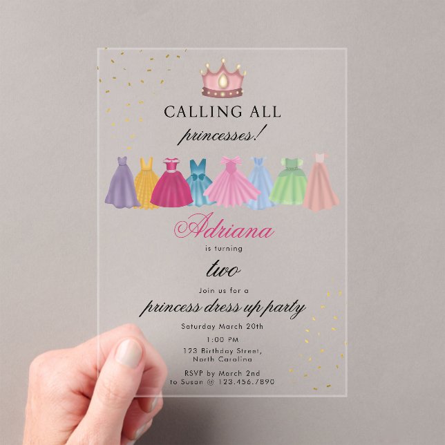 Princess Dresses Fairytale Dress Up Girl Birthday Acrylic Invitations (Insitu (Handheld))