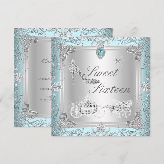 Princess Elegant Diamond Blue Sweet 16 Sixteen Invitation (Front/Back)