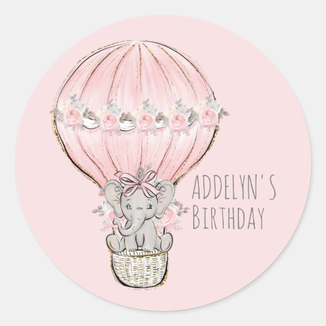 Princess Elephant Balloon Girl's Birthday Name Classic Round Sticker (Front)