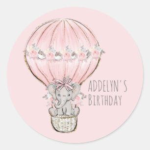 Princess Elephant Balloon Girl's Birthday Name Classic Round Sticker