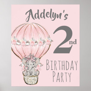 Princess Elephant Balloon Pink Grey 2nd Birthday Poster