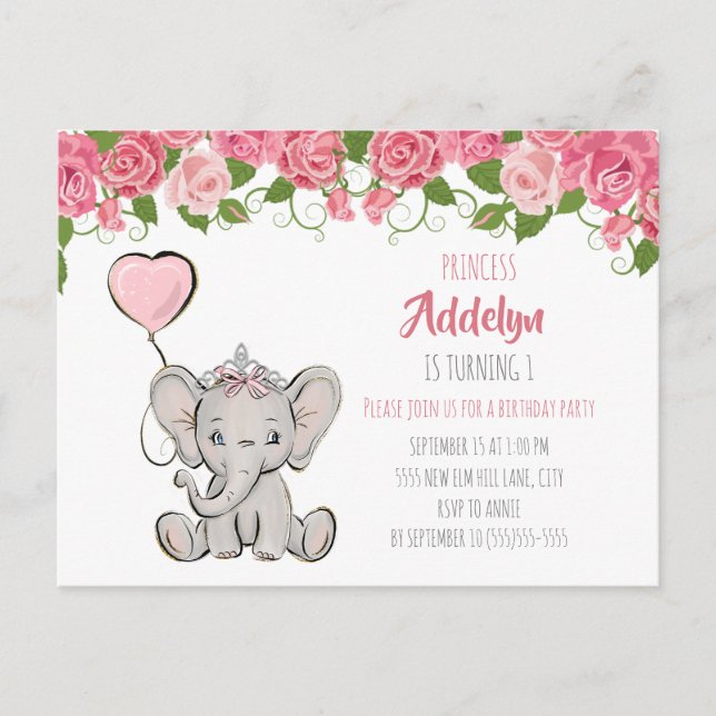 Princess Elephant Child's 1st Birthday Pink Floral Invitation Postcard (Front)
