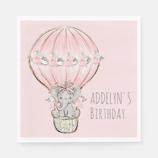 Princess Elephant Hot Air Balloon Girl's Birthday Napkin (Front)