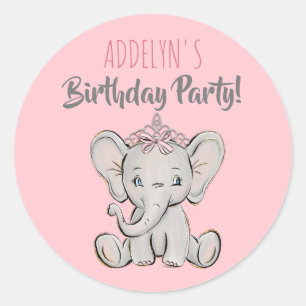 Princess Elephant Tiara Pink Child's Birthday Classic Round Sticker