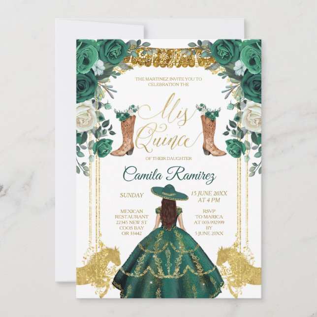 Princess Emerald Green & Gold Girl Sweet 15th Invitation (Front)