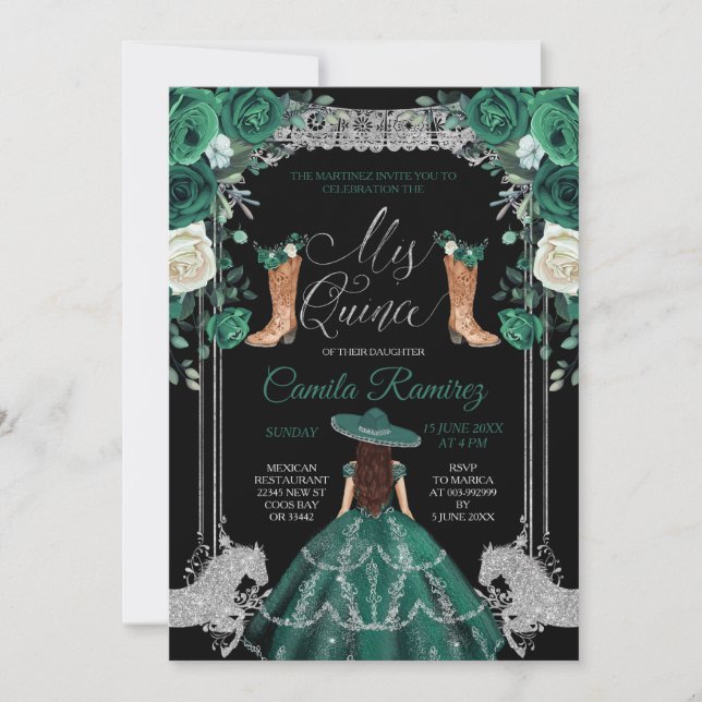 Princess Emerald Green & Silver Girl Sweet 15th Invitation (Front)