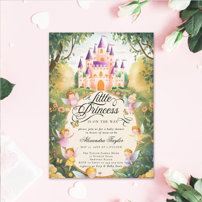 Princess Fairytale Castle Fairies Baby Girl Shower Invitation (princess baby shower invitation pink fairytale enchanted forest fairy godmothers magical castle)