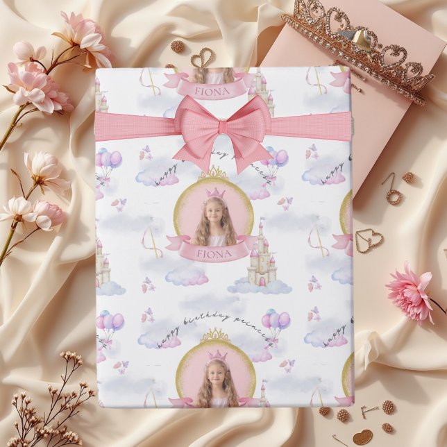 Princess Fairytale Cute Pink Girl's Photo Birthday Wrapping Paper (Happy Birthday Princess Custom Personalized Wrapping Paper with Photo)
