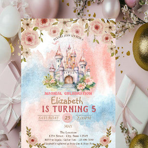Princess Floral Castle Watercolor Birthday Invitation