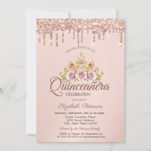 Princess Floral Crown Rose Gold Drips Quinceañera Invitation