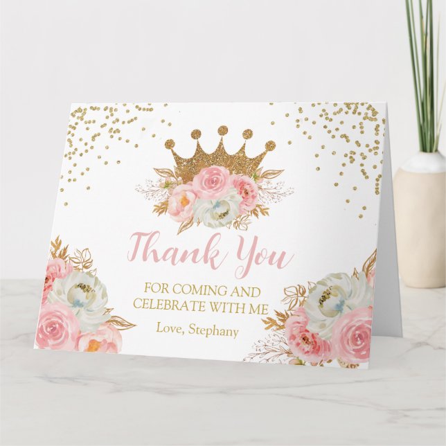 Princess Floral Pink & Gold  Thank you card (Front)
