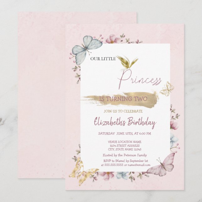 Princess Flowers Butterflies Pink Birthday  Invitation (Front/Back)