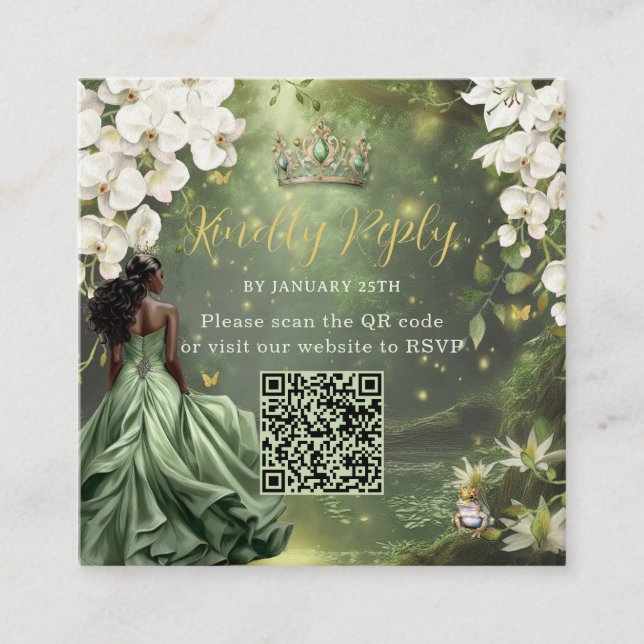 Princess & Frog Green Dress Sweet 16 Quince XV QR Enclosure Card (Front)