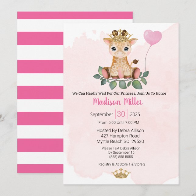  Princess Giraffe Pink Baby Shower  Invitation (Front/Back)