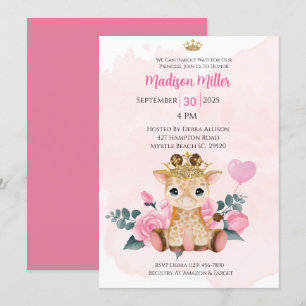  Princess Giraffe Pink Floral Baby Shower  Invitat Invitation
