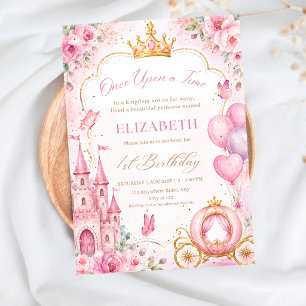 Princess Girl 1st Birthday Pink Fairytale Castle Invitation