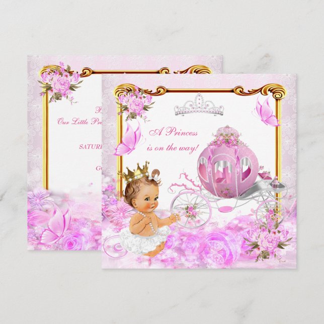 Princess Girl Baby Shower Pink Gold Carriage Tiara Invitation (Front/Back)