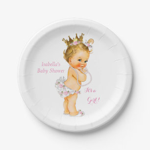 Princess Girl Baby Shower Pink Gold Crown Blonde Paper Plate
