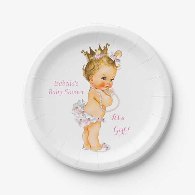 Princess Girl Baby Shower Pink Gold Crown Blonde Paper Plate (Front)