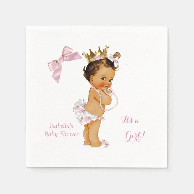 Princess Girl Baby Shower Pink Gold Crown Brunette Napkin (Front)