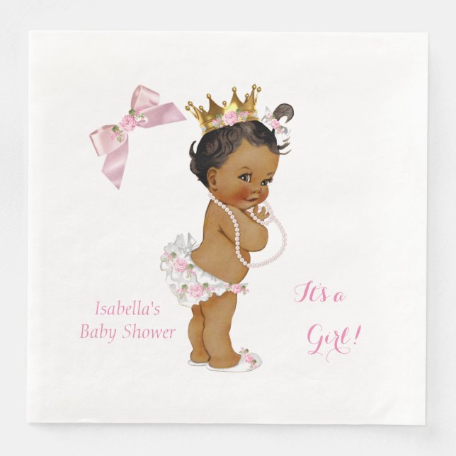 Princess Girl Baby Shower Pink Gold Crown Ethnic Napkin (Front)