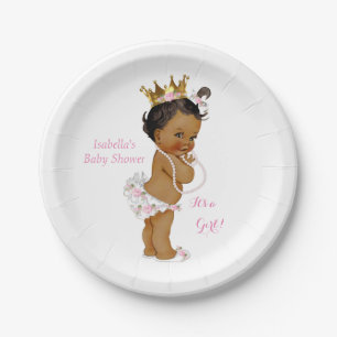 Princess Girl Baby Shower Pink Gold Crown Ethnic Paper Plate