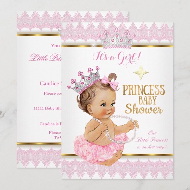 Princess Girl Baby Shower Pink Gold Tutu Brunette Invitation (Front/Back)