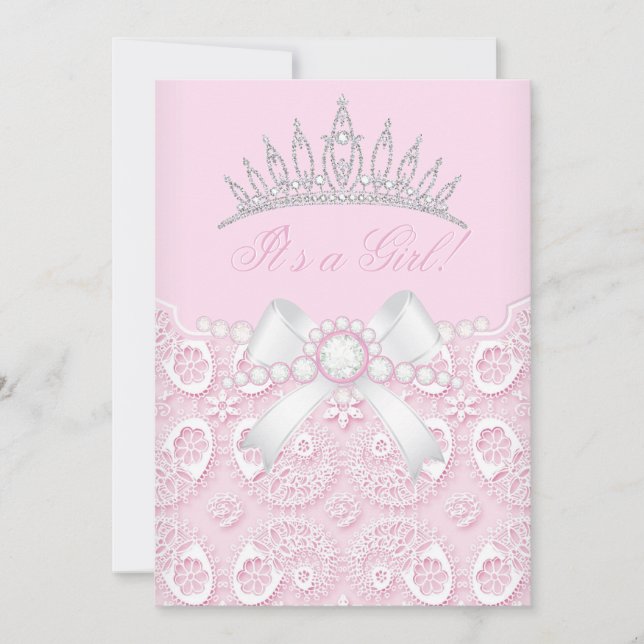 Princess Girl Baby Shower Pink Lace diamond White Invitation (Front)