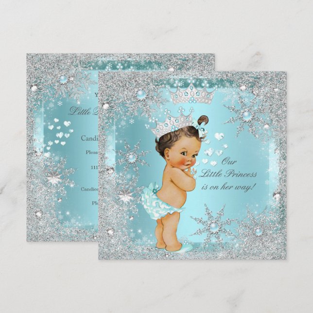 Princess Girl Baby Shower Teal Blue Heart Brunette Invitation (Front/Back)