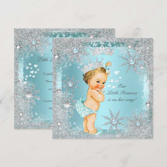 Princess Girl Baby Shower Teal Blue Hearts Blonde Invitation (Front/Back)