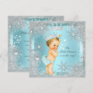 Princess Girl Baby Shower Teal Blue Hearts Blonde Invitation