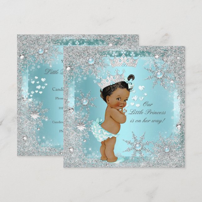 Princess Girl Baby Shower Teal Blue Hearts Ethnic Invitation (Front/Back)